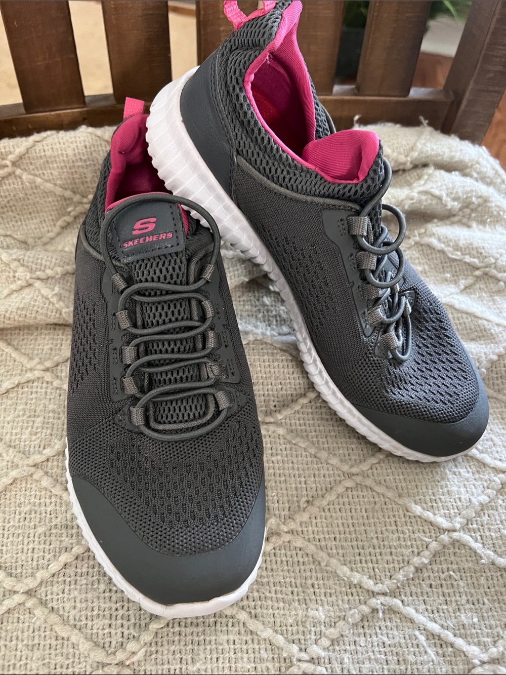 Skechers Charcoal Knit Athletic Slip-On Sneakers with Pink Lining